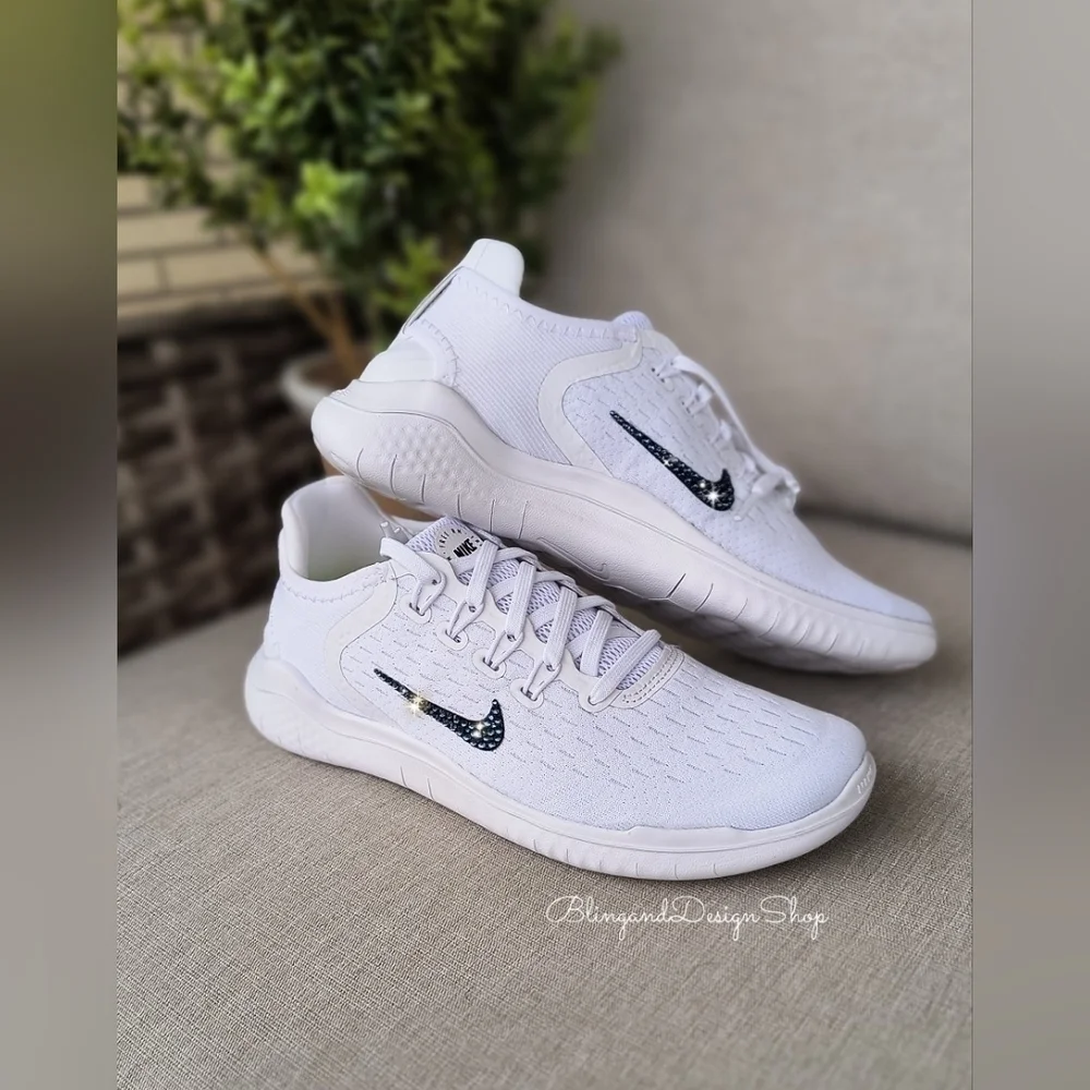 Nike Free RN 2018 White Sneakers Customized with Crystal Rhinestones